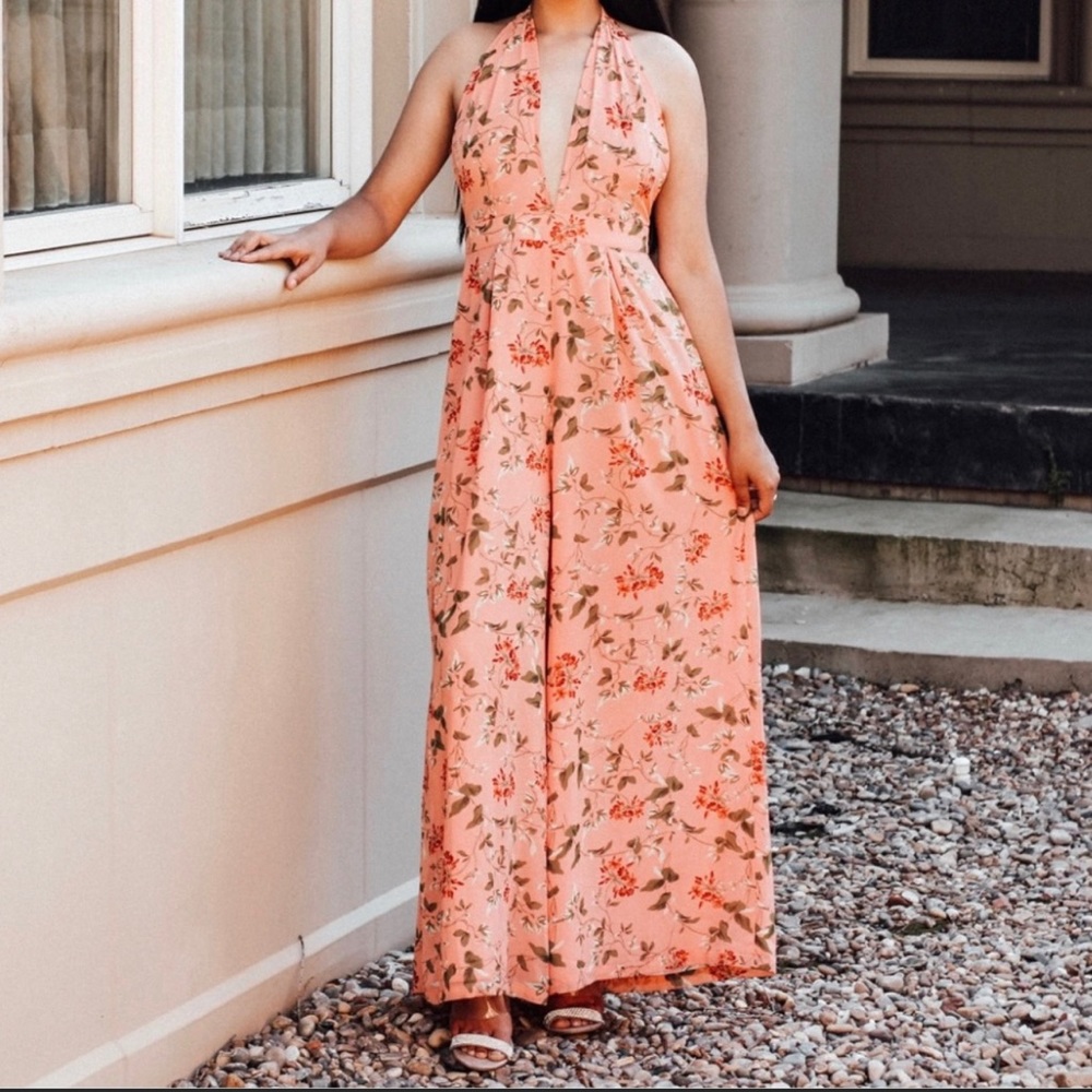 Flowing Flower Tie Halter Jumpsuit Romper Formal Wedding Prom